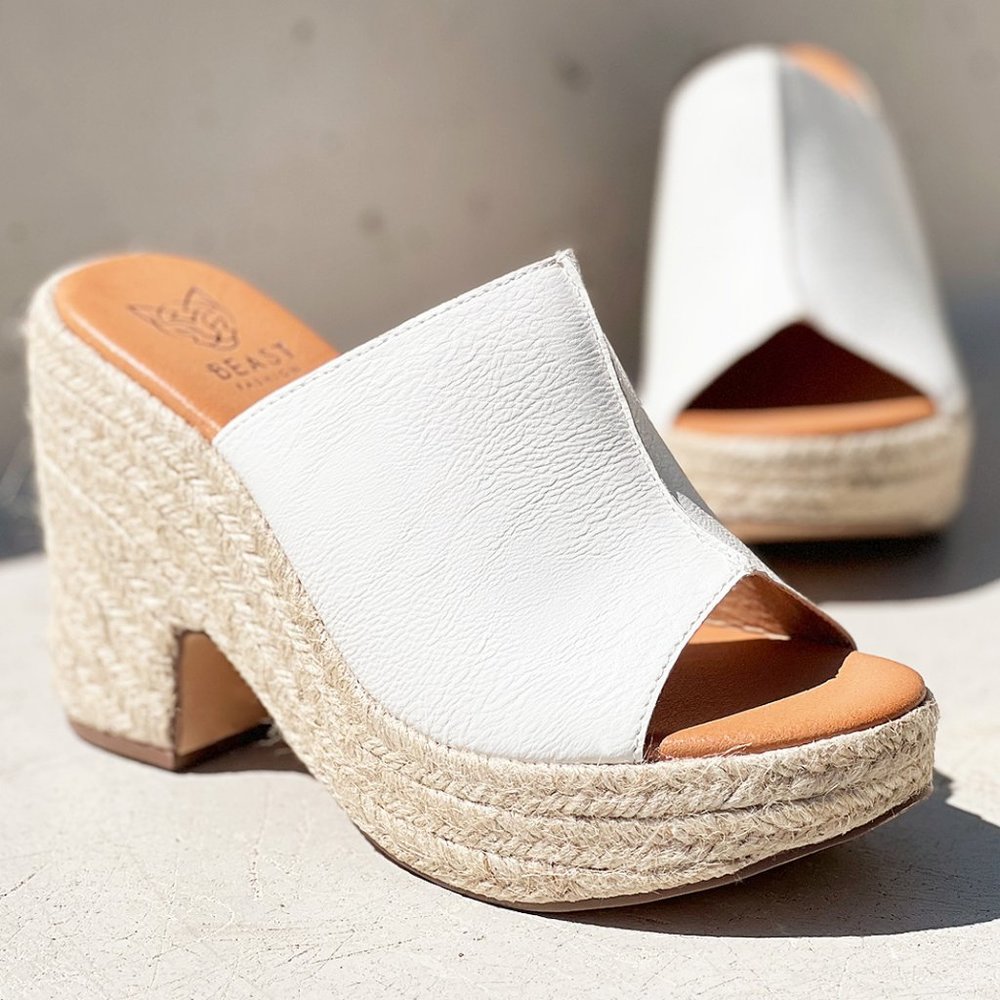 NEW White Faux Leather Espadrille Chunky Platform Wedge Slip On Slides Sandals